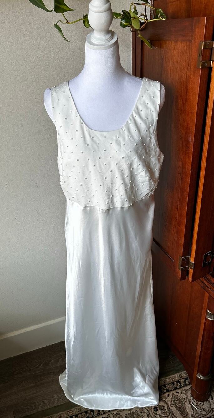 Vintage Victorias Secret White Slip Dress Pearl Embellished Bodice L
